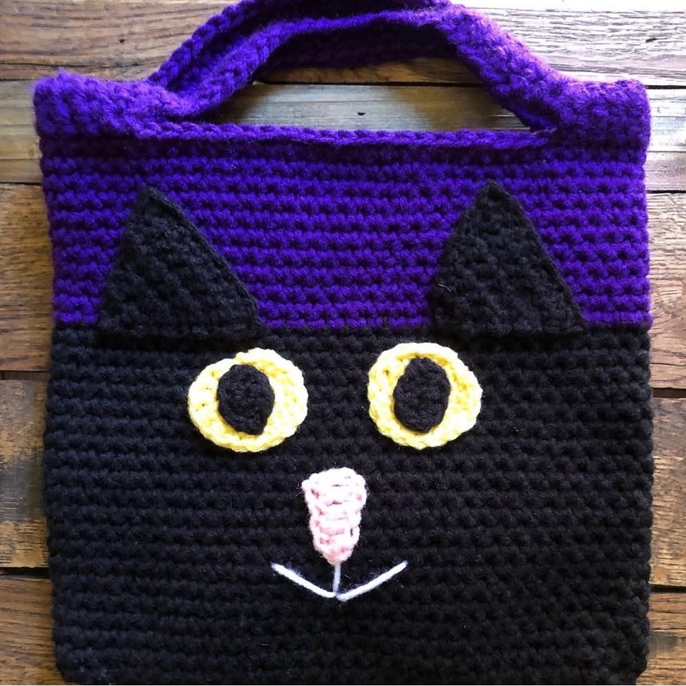 Purple and Black Cat crocheted  Kids Halloween trick or treat Bag